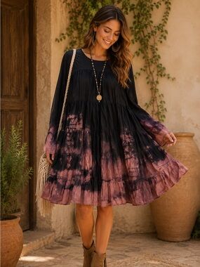 Merlette 100% Cotton Black Pink Tie Dye Long Sleeve Soliman Flare Dress M Fairy
